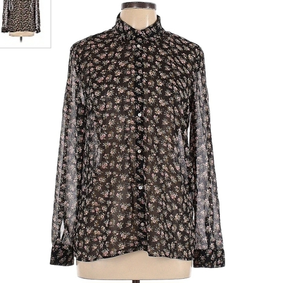 H&M Black Floral Sheer Button Top Shirt Women's Size 10 Flowy Boho Bohemian EUC - Picture 1 of 11